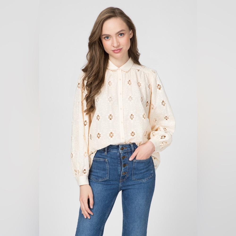 NWT Maje Peach Embroidered Eyelet Lace Long Sleeve Blouse Size S